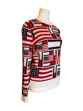 Tommy Hilfiger Flag Print Knit Sweater – Red White Blue Logo Crewneck (XS)